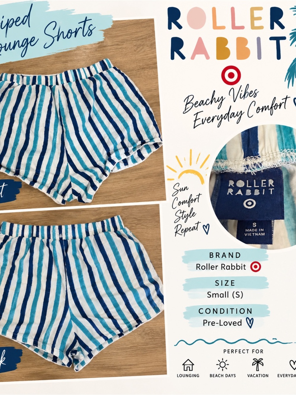 Roller Rabbit Blue and White Striped Athletic Lounge Shorts